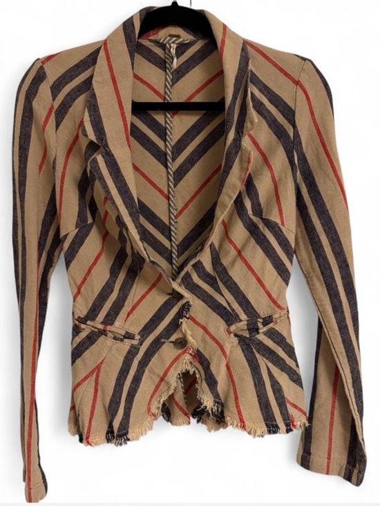 Free People Jackets & Blazers - Free People Striped Tan Navy & Red Frayed Hem Blazer